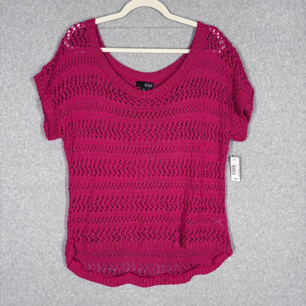 NEW ANA Crochet Sweater Top XL Pink Metallic Open Knit Weave Beachy Cottage Glam